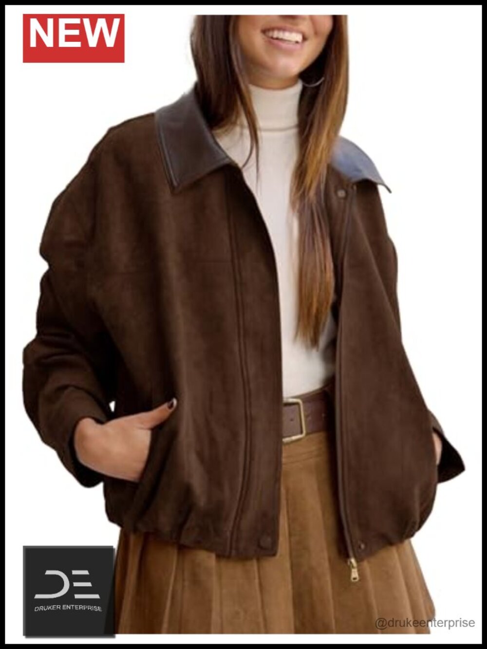 Womens Faux Suede Bomber Jacket Casual Lapel Pilot Cropped Oversized Zip Up